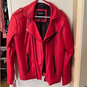 Reason Red Faux Leather Moto Jacket with Quilted Details